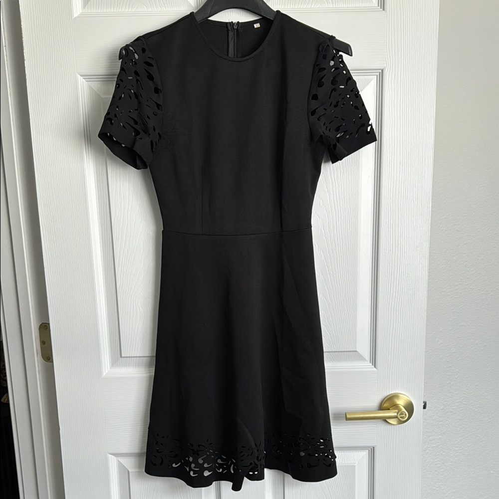 Black Cut Out Hem Zip Up A-Line Dress with Crew Neck